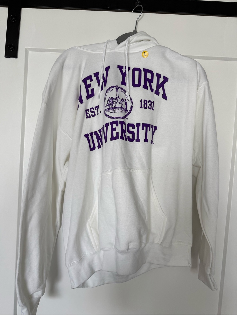 Gildan New York University White Hoodie with Purple Collegiate Print